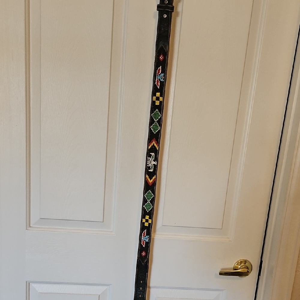 Black Beaded Leather Belt Unisex Size 38